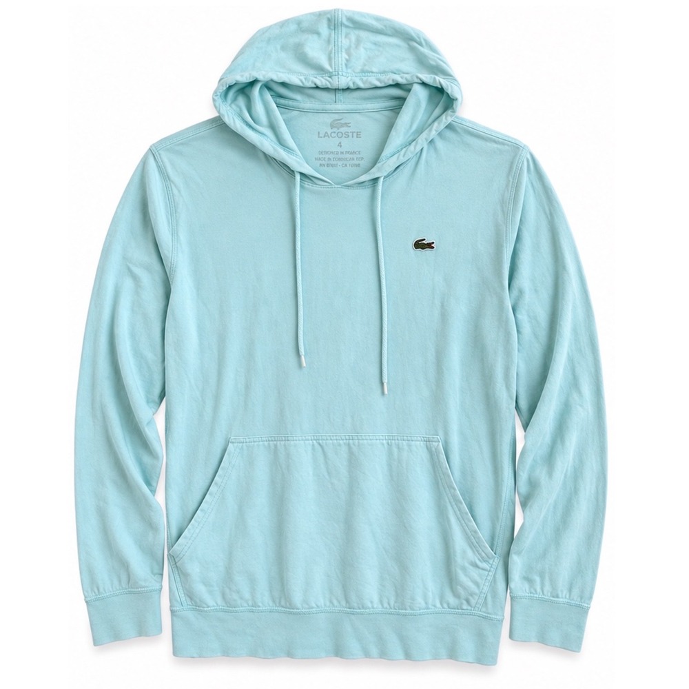 Lacoste Mens XL Lightweight Hoodie Aqua Blue Cotton Pullover Crocodile Logo